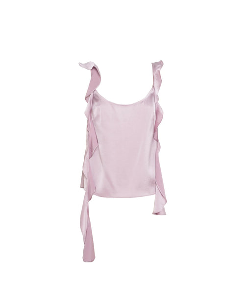 Pink silk scoop singlet top set against a white background.