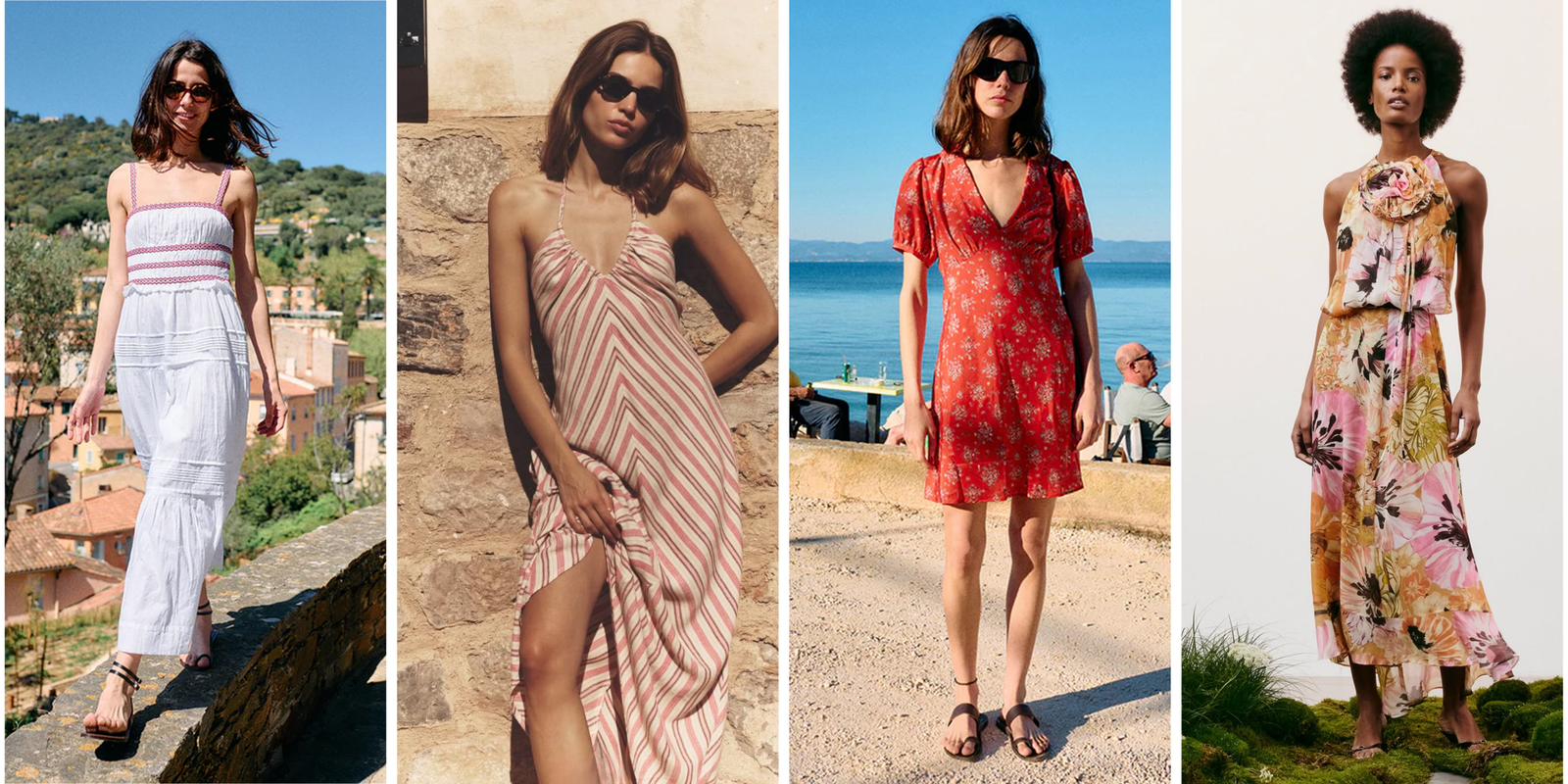 Four women wearing different dresses in various settings.