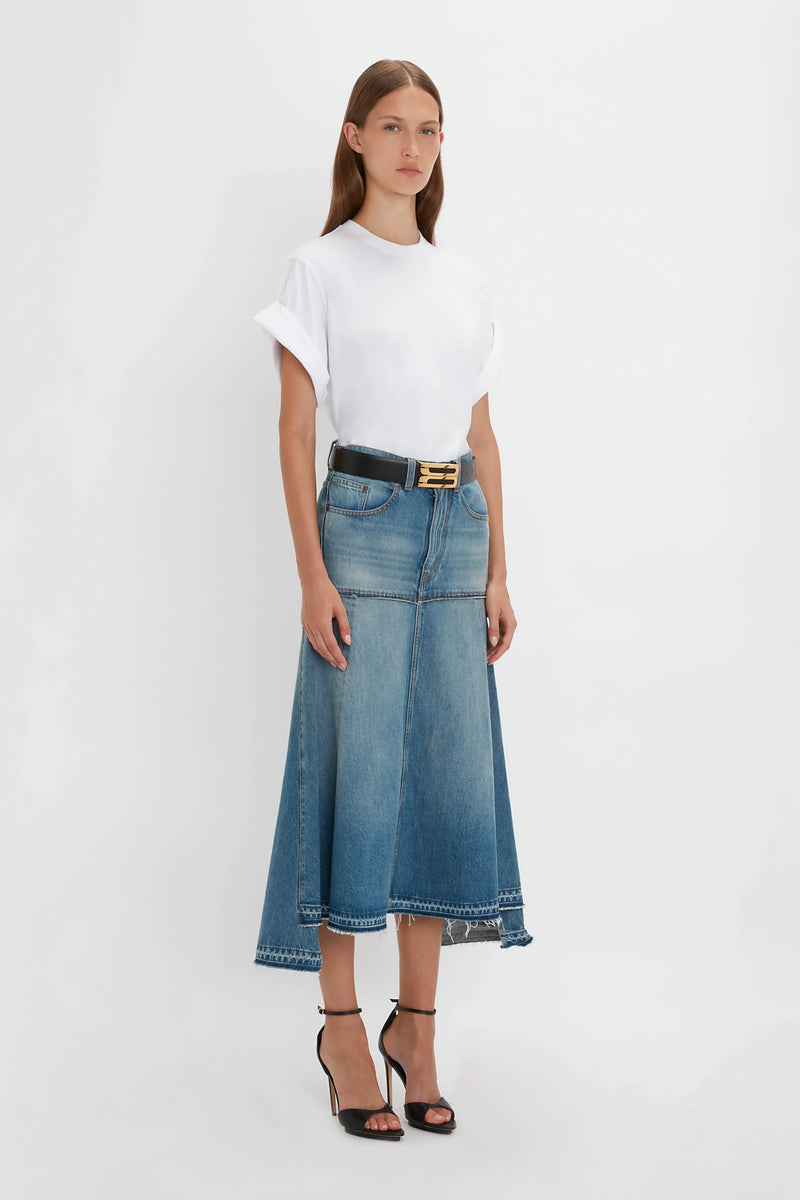 Fit and Flare Patched Denim Skirt