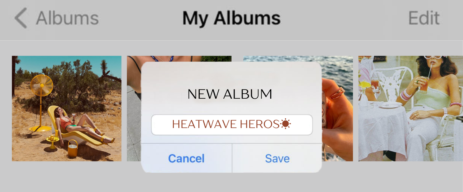 GRAPHIC SHOWING A NEW PHOTO ALBUM NOTIFICATION THAT SAYS "HEATWAVE HEROS" THE BACKGROUND PHOTOS ARE VINTAGE SUMMER PHOTOS WITH GREY BACKGROUND
