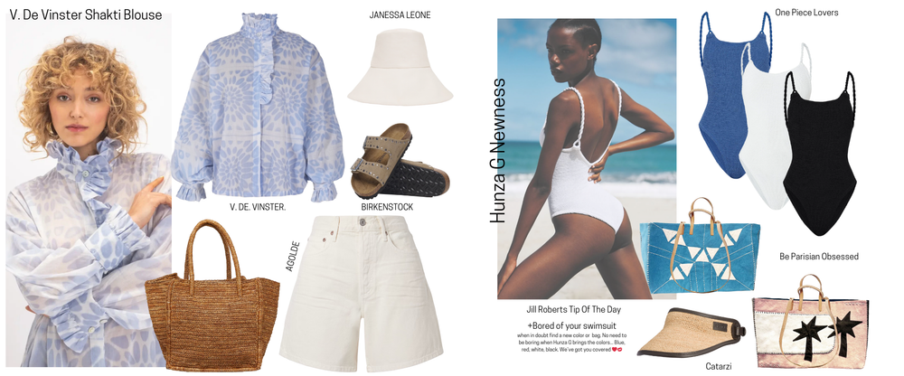 GRAPHIC SHOWING A MODEL IN A FRILLY BLUE AND WHITE TIE DYE LONG SLEEVE SHIRT. TO THE RIGHT OF THAT IS AN OUTFIT GRAPHIC SHOWING THE BLUE SHAKTI BLOUSE, A CREAM COLORED DENIM SHORT, TAUPE SANDALS, WHITE BUCKET HAT, AND A DARK STRAW BEACH BAG. TO THE RIGHT IS A GRAPHIC WITH A HUNZA G BATHING SUIT MODEL WITH THREE COLORS OF THE HUNZA G ONE PIECE WITH TISTED STRAPS. THE COLORS FROM LEFT TO RIGHT ARE BLUE WHITE AND BLACK. THEN TWO BEACH BAGS, ONE BLUE WITH A WHITE GRAPHIC, AND ONE PINK WITH BLACK ABSTRACT PALMS.