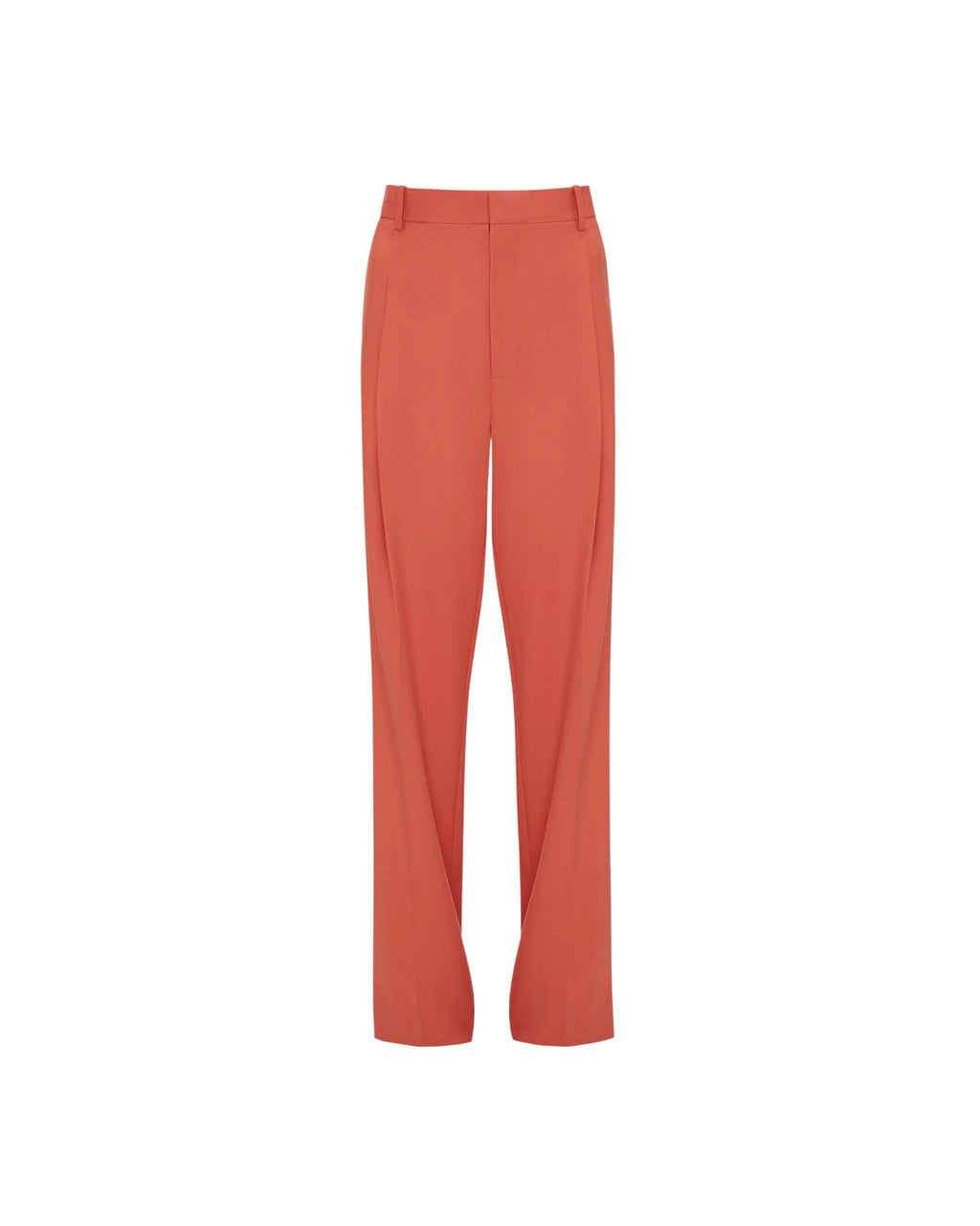Orange single pleat trouser set against white background. 