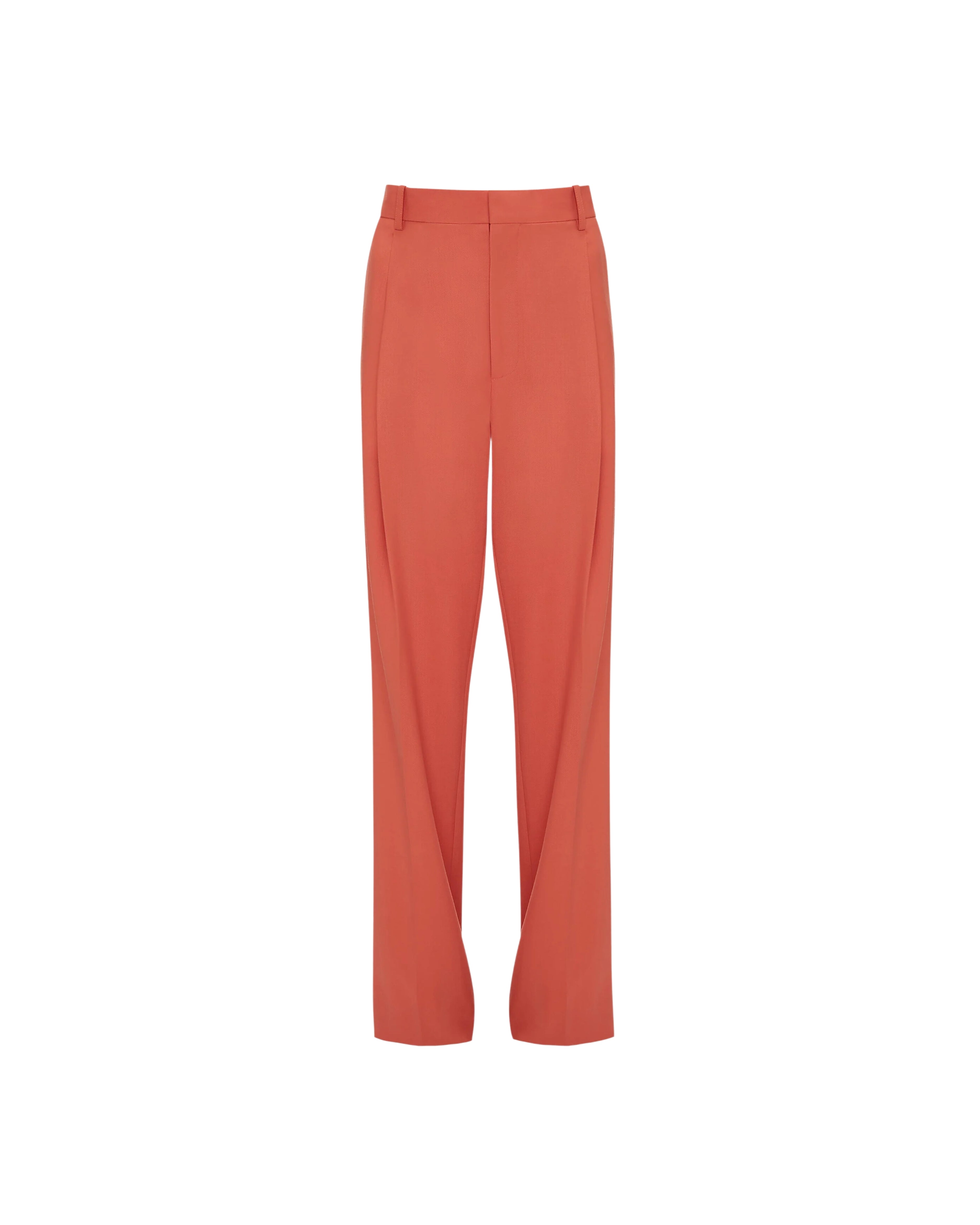 Orange single pleat trouser set against white background. 