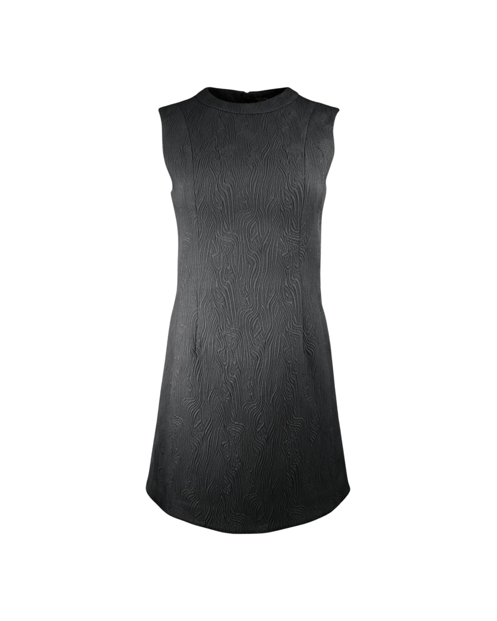 Black sleeveless, A-line dress with high crew neckline. Set against a white background.