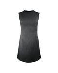 Black sleeveless, A-line dress with high crew neckline. Set against a white background.