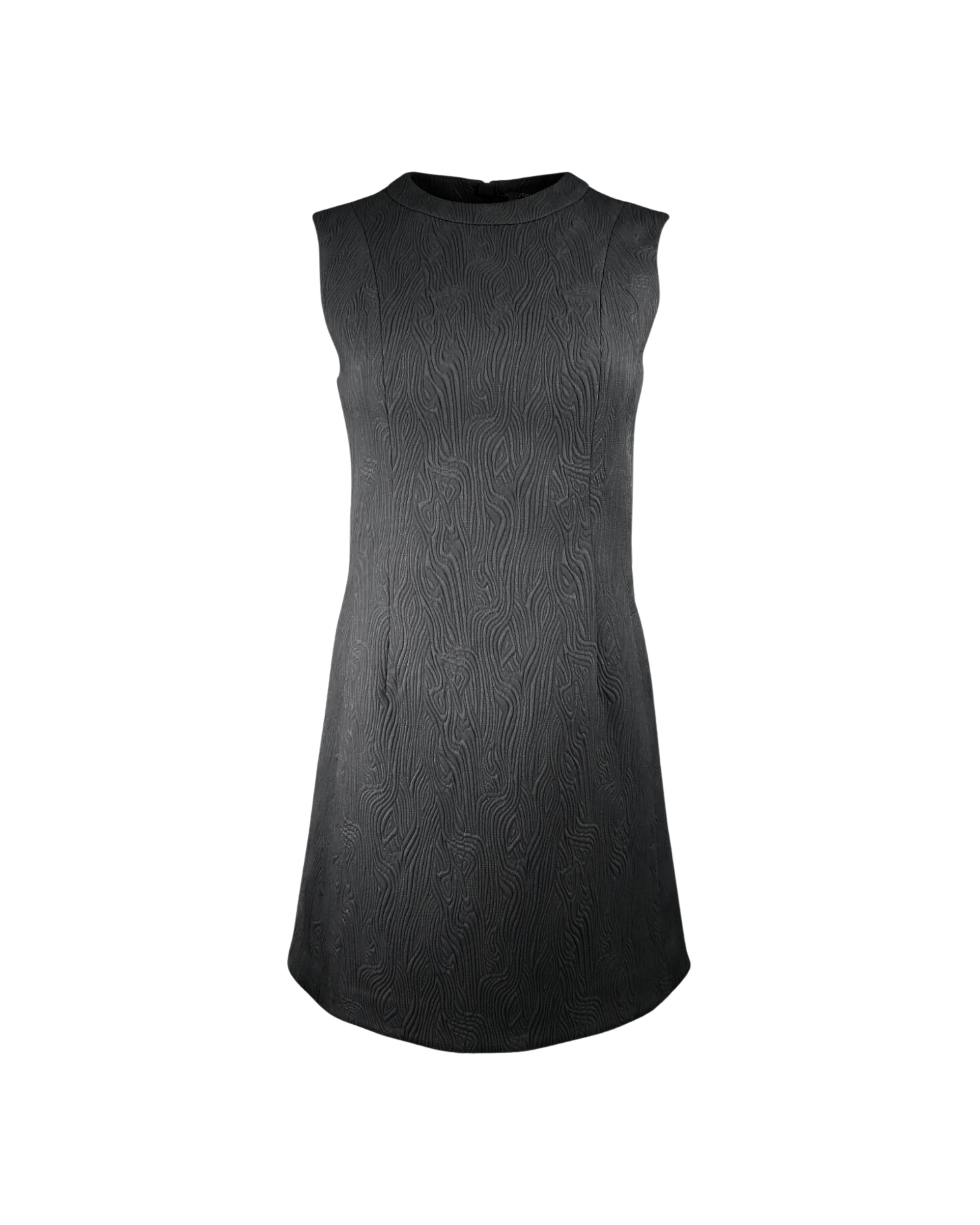 Black sleeveless, A-line dress with high crew neckline. Set against a white background.