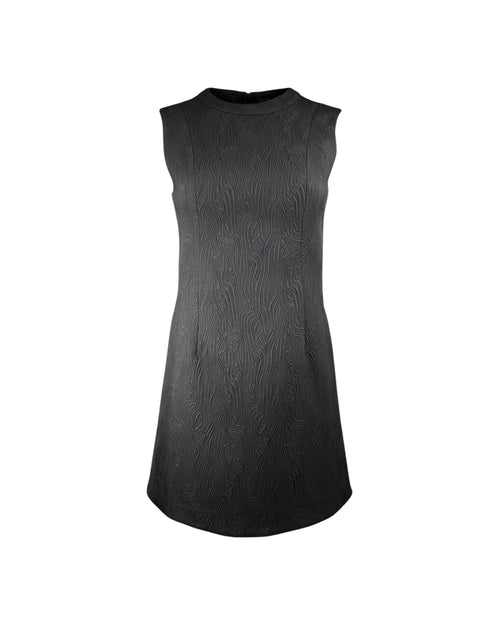 Black sleeveless, A-line dress with high crew neckline. Set against a white background.