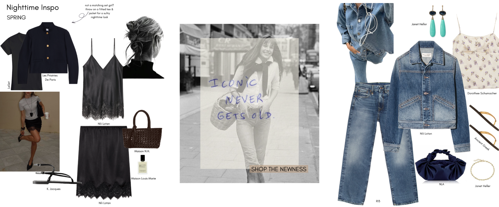 Collage of fashion items including clothing and accessories with text overlay.