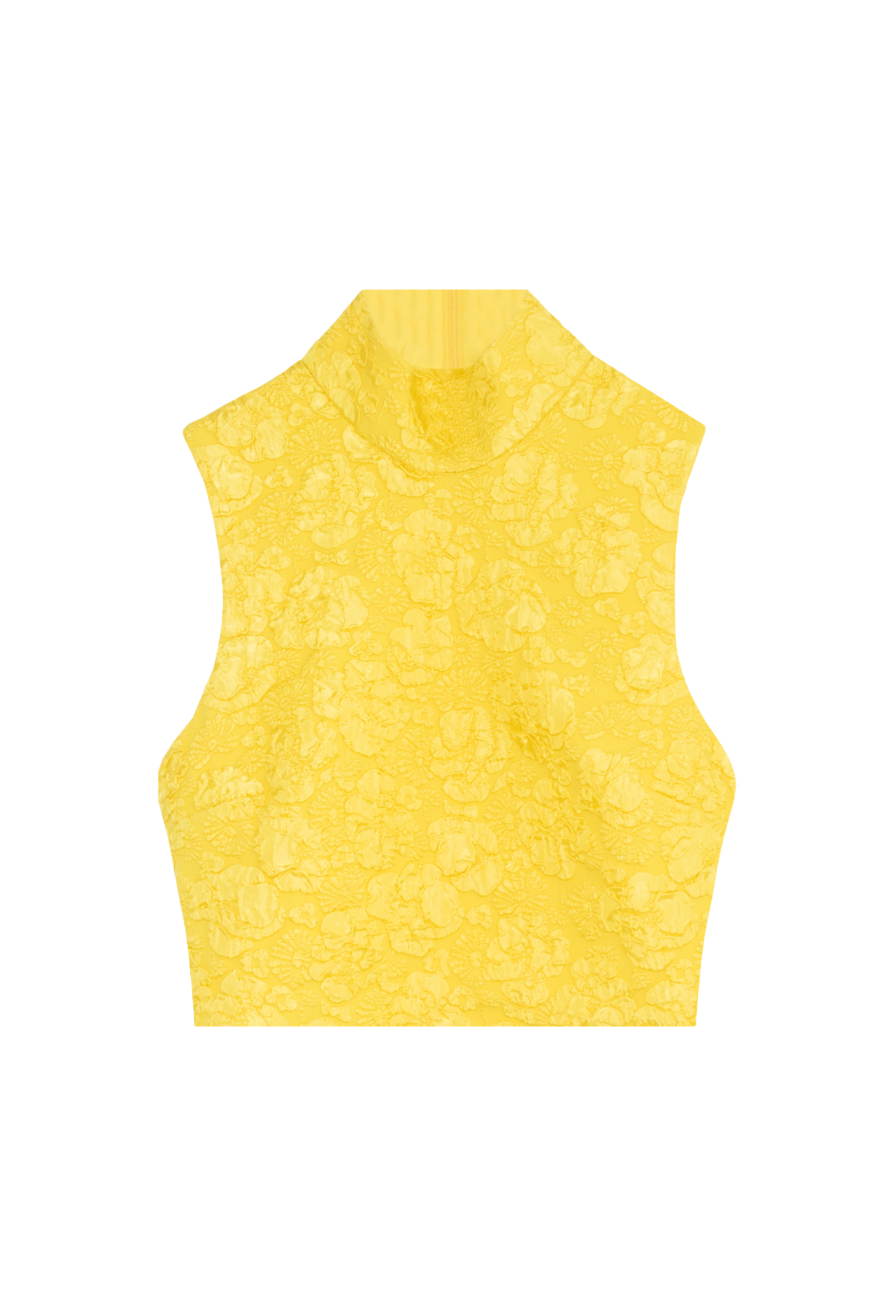 Cropped yellow sleeveless top with flower detailing. Set against a checkered background. 