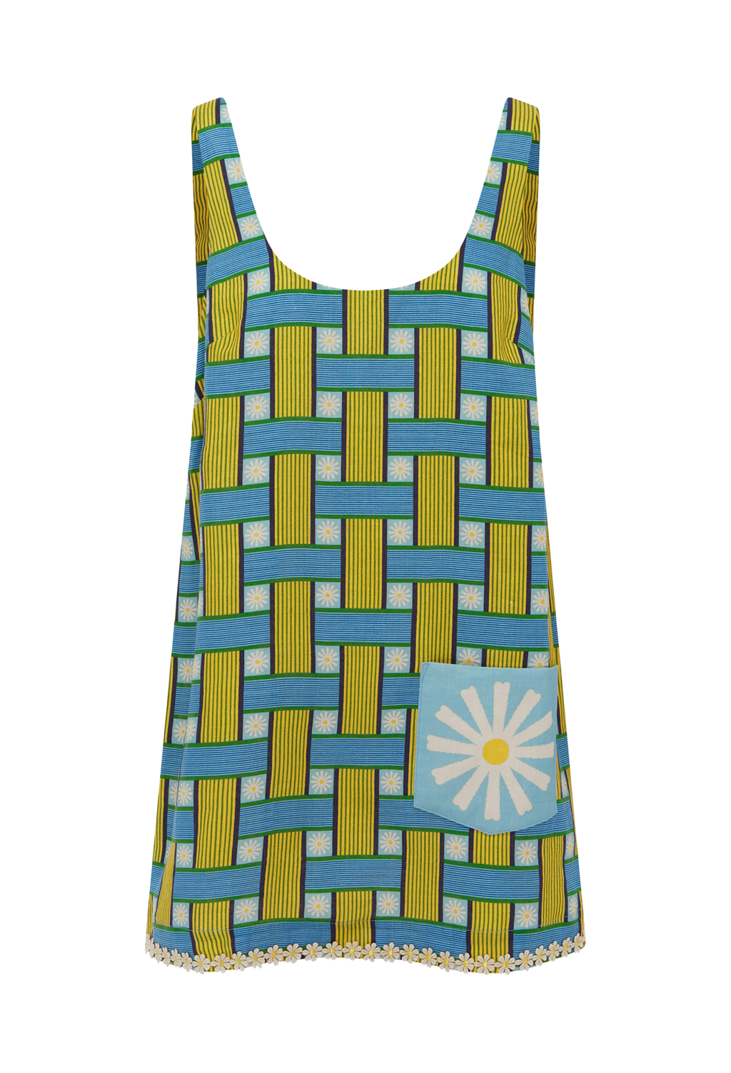 Patterned dress with blue and green design on a white background