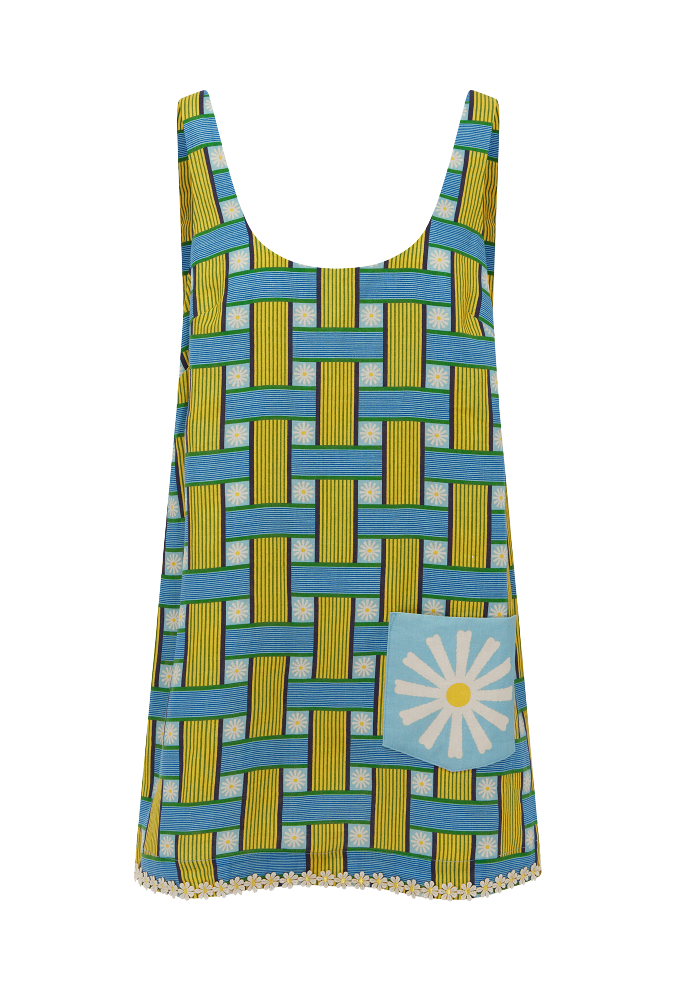 Patterned dress with blue and green design on a white background