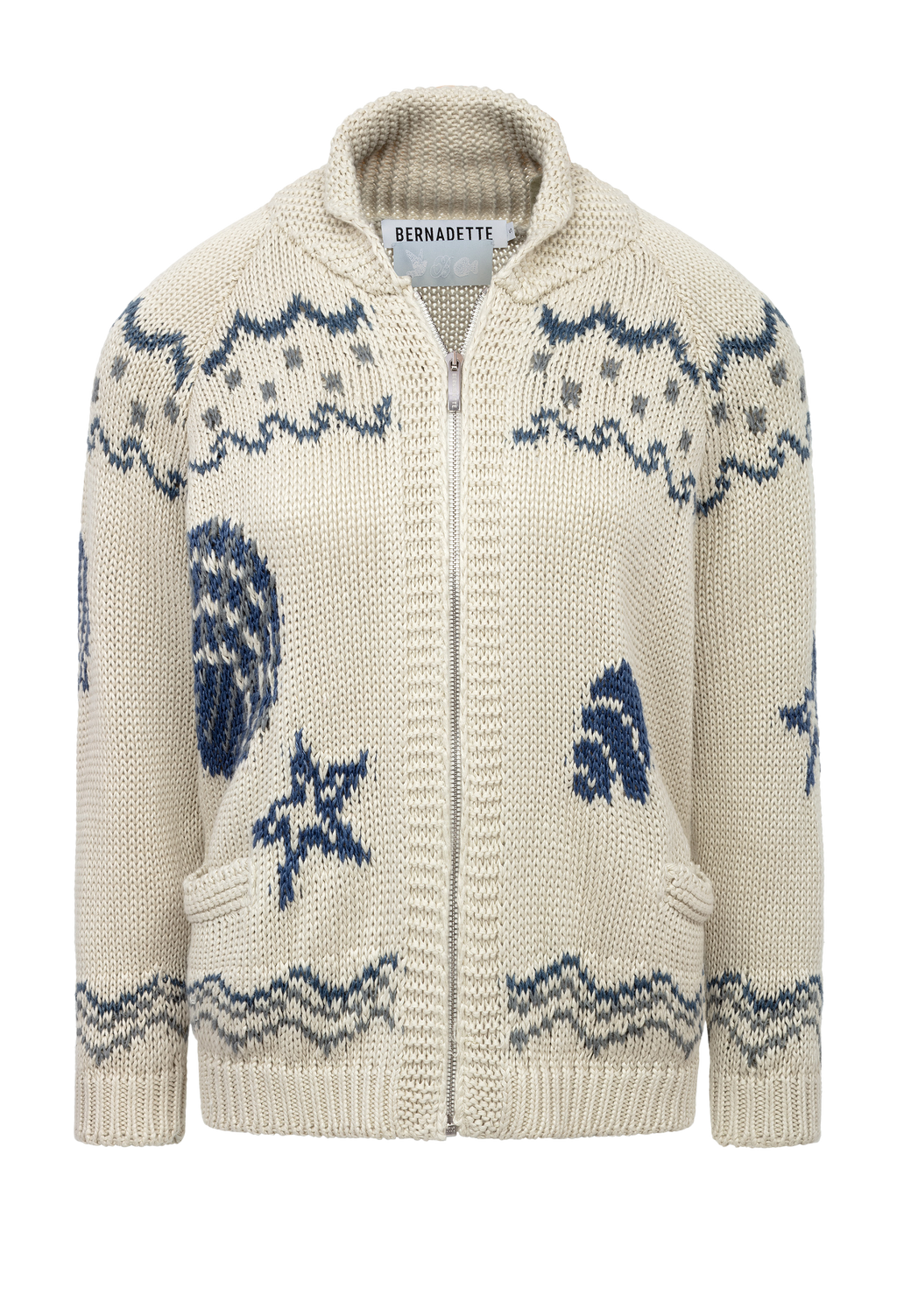 Knitted cardigan with blue patterns on a white background