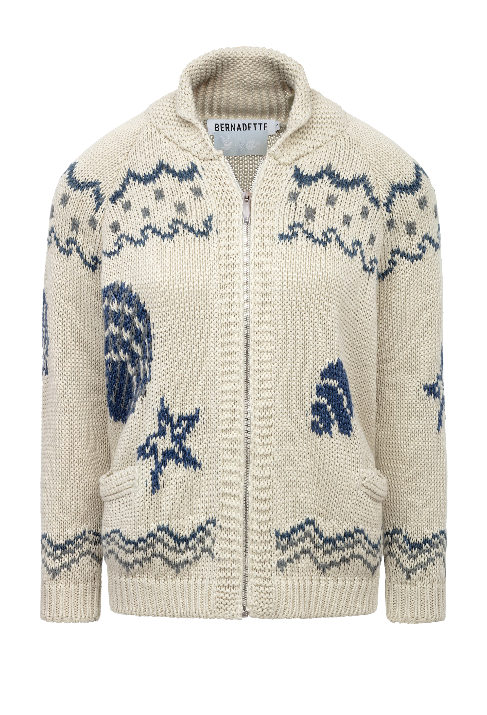 Knitted cardigan with blue patterns on a white background