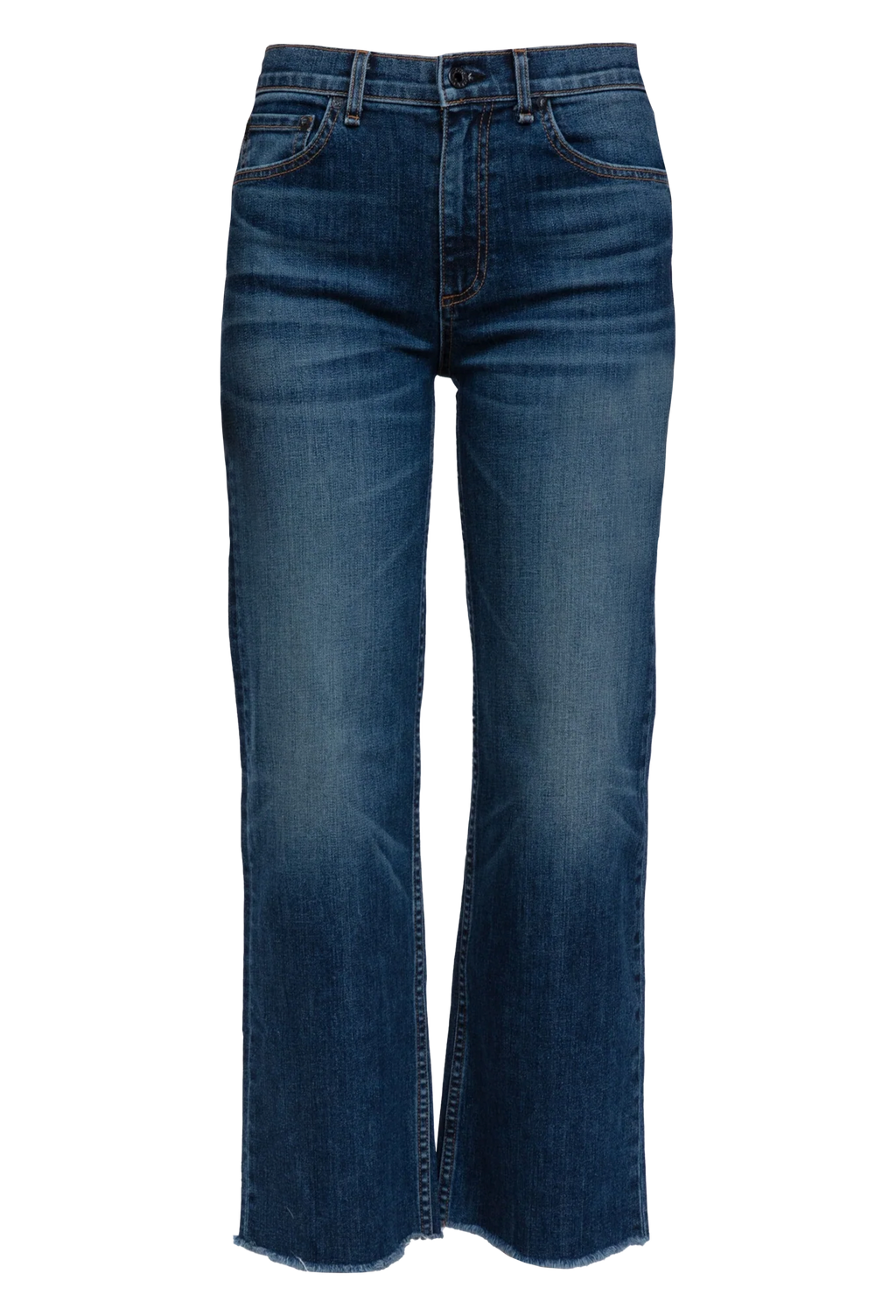 Hgh rise wide leg cropped medium wash jeans with frayed hem. Set against a checkered background. 