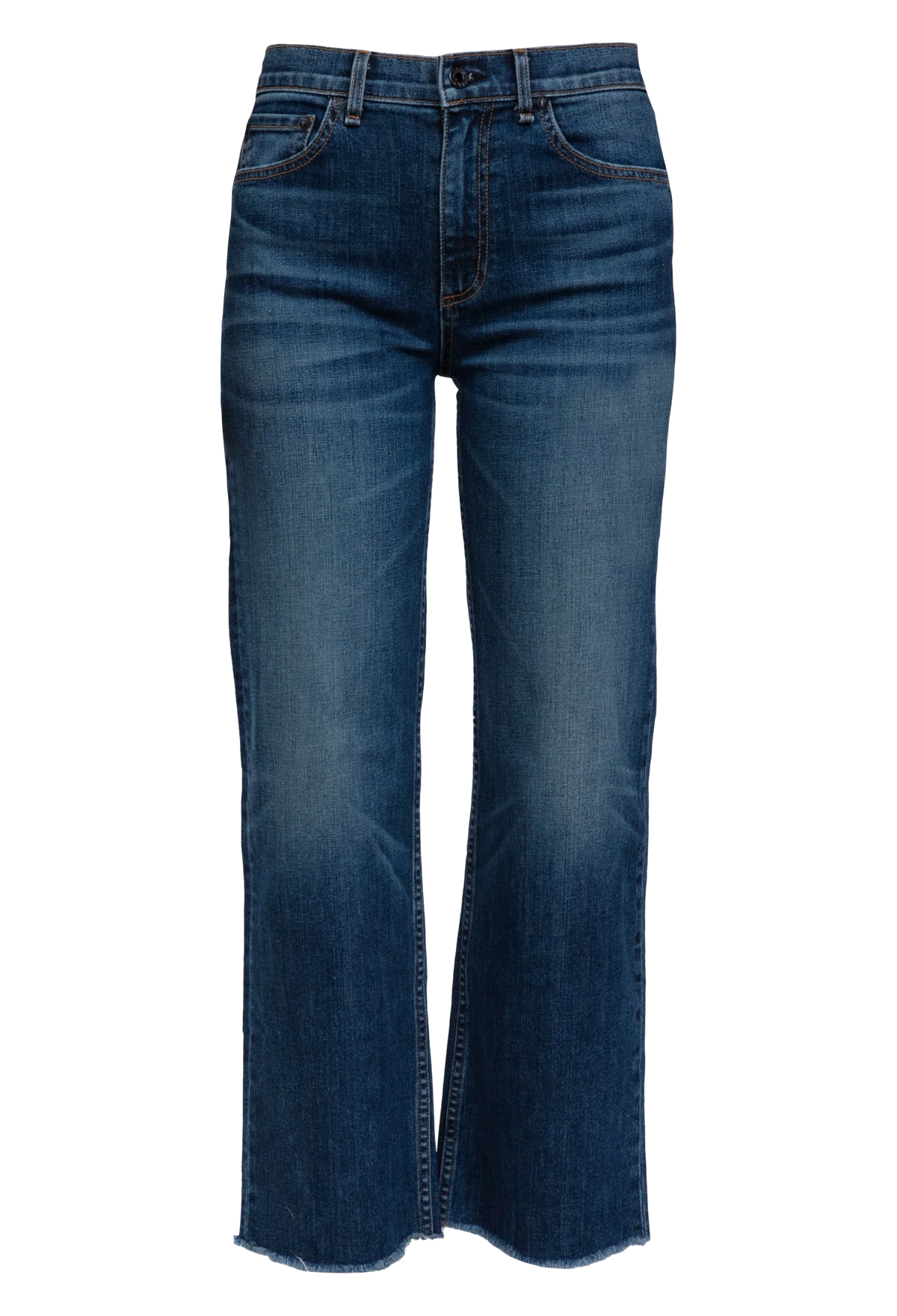 Hgh rise wide leg cropped medium wash jeans with frayed hem. Set against a checkered background. 