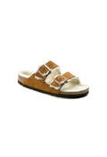 Sherling foodbed, tan suede double strap buckle sandal. 