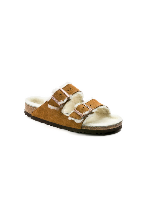 Sherling foodbed, tan suede double strap buckle sandal. 