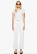 Woman wearing a white outfit with sunglasses on a white background