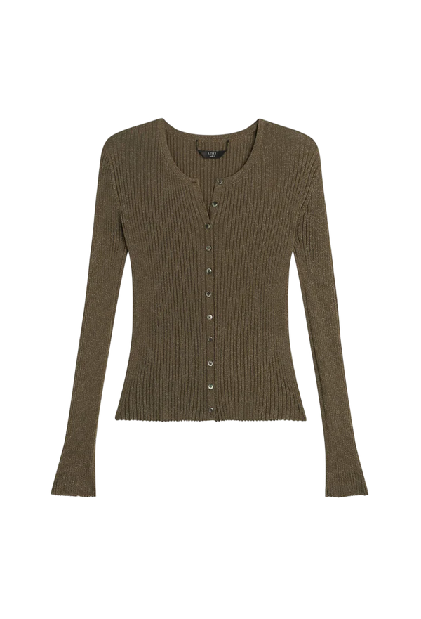 green ribbed sweater with buttons on a white background