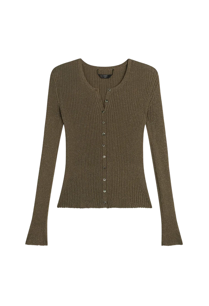 green ribbed sweater with buttons on a white background