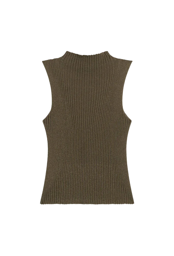 Green ribbed knit sleeveless top on a white background