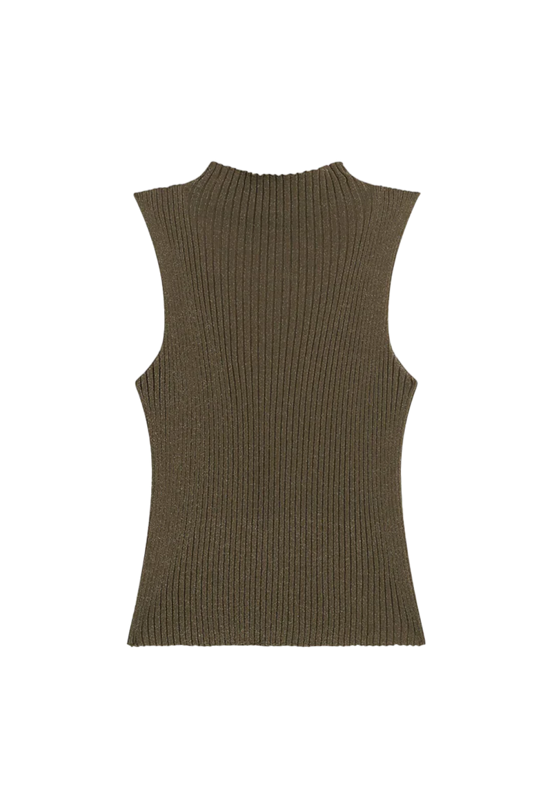 Green ribbed knit sleeveless top on a white background