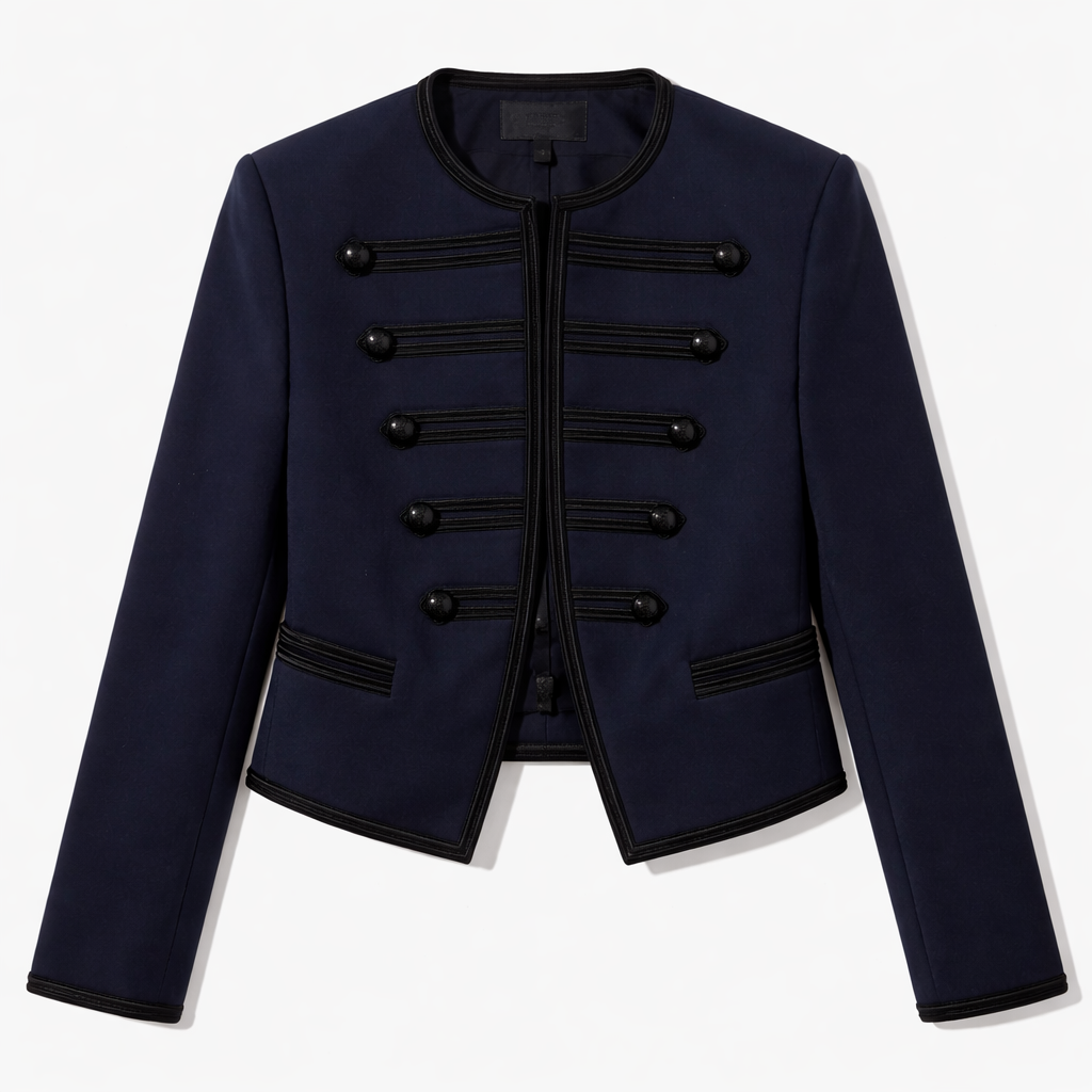 Navy blue jacket with black buttons on a white background