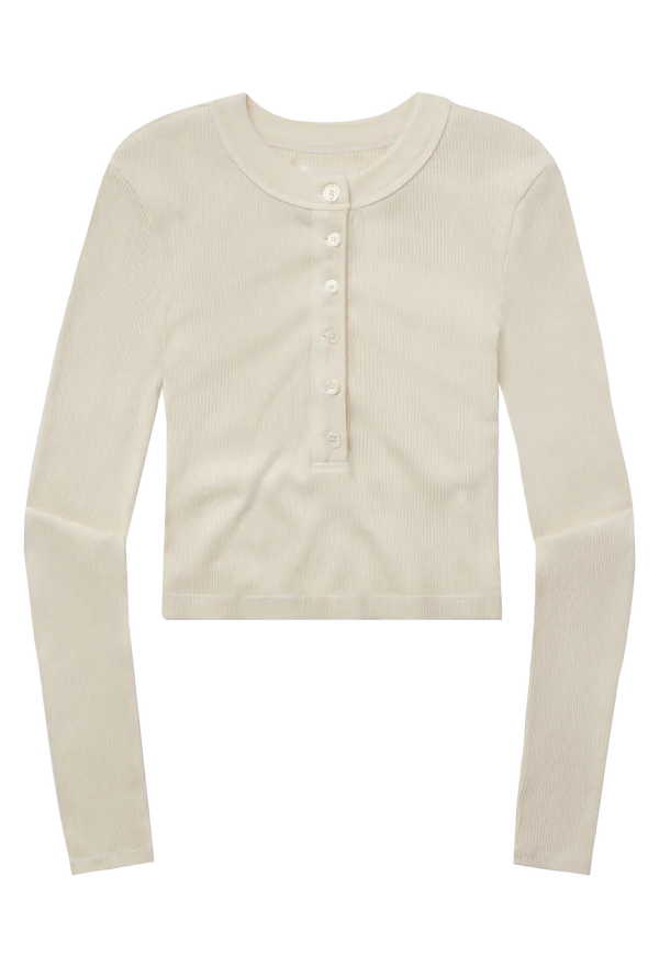 White ribbed long sleeve henley shirt with button detail. Set against transparent background. 