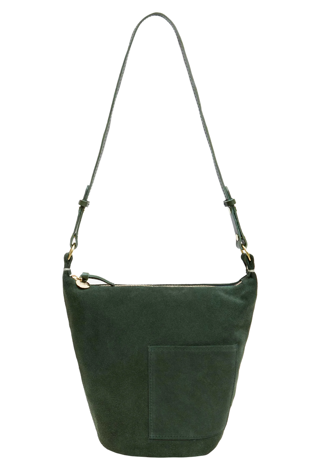 Green suede bucket bag with gold zipper and long shoulder strap set against transparent background. 