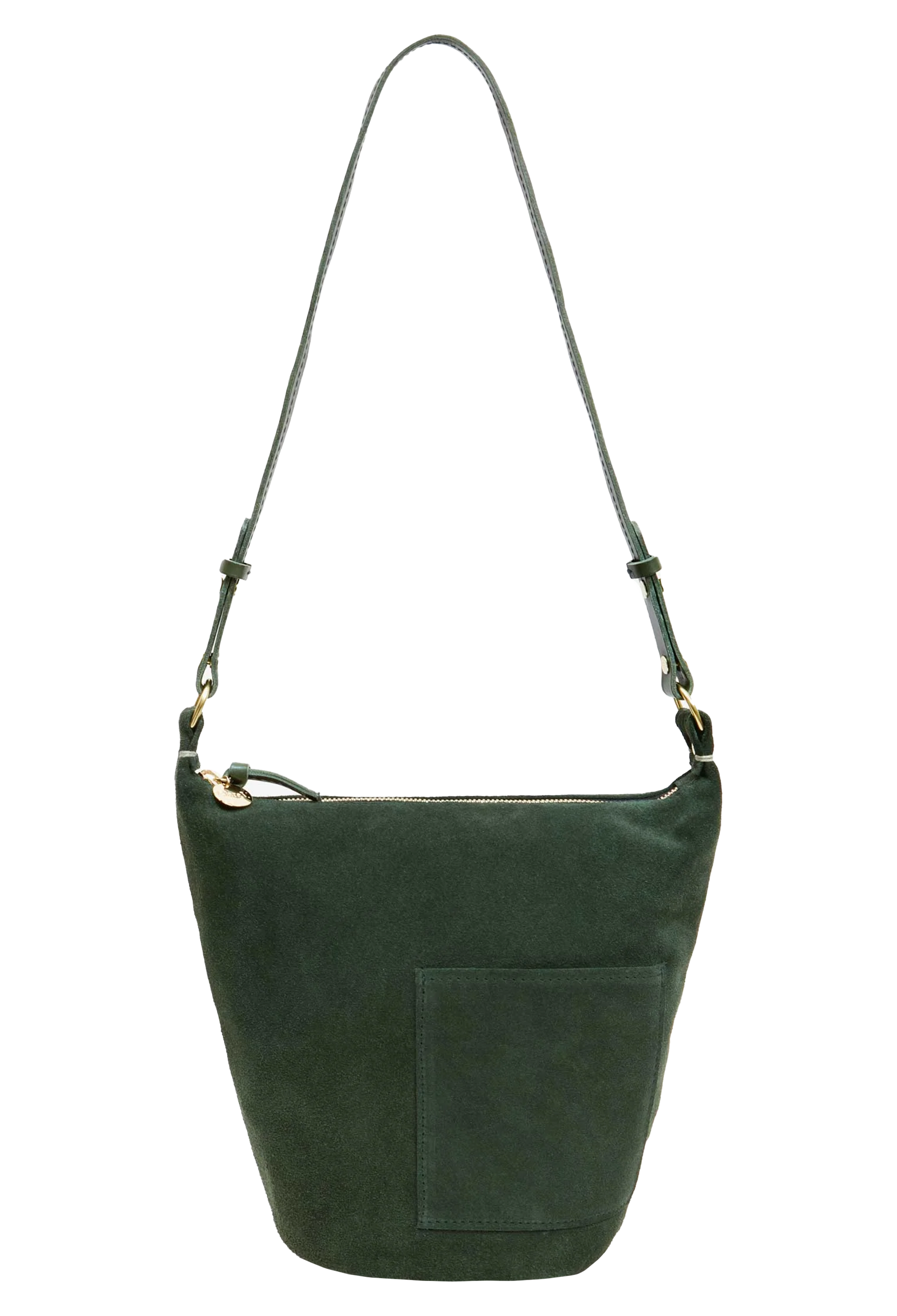 Green suede bucket bag with gold zipper and long shoulder strap set against transparent background. 