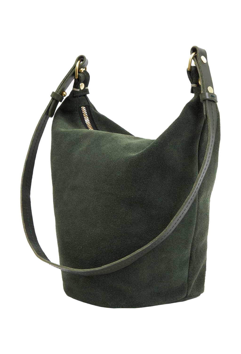 Green suede bucket bag with gold zipper and long shoulder strap set against transparent background. 