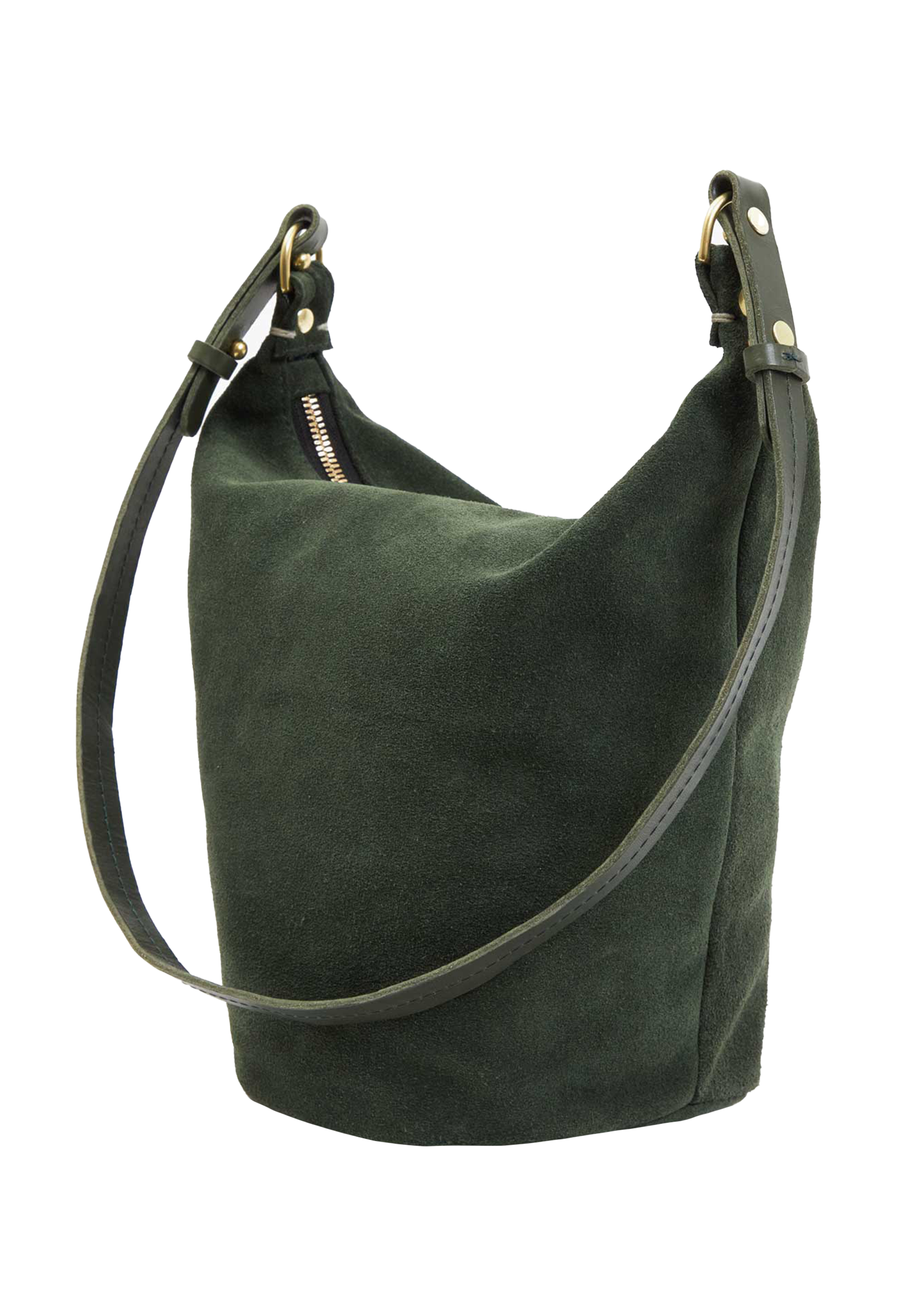 Green suede bucket bag with gold zipper and long shoulder strap set against transparent background. 