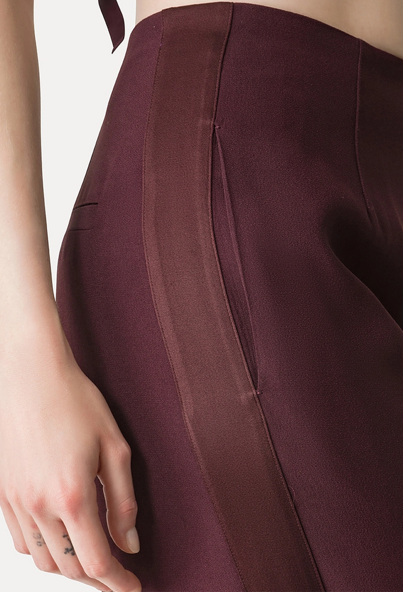 Close-up of a person wearing a burgundy Pant with a plain background