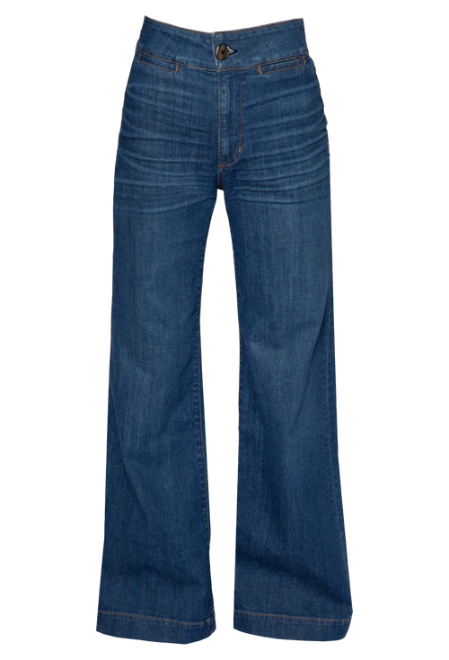 high waisted dark wash jeans. white background.