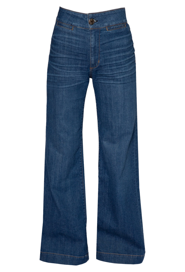 high waisted dark wash jeans. white background.