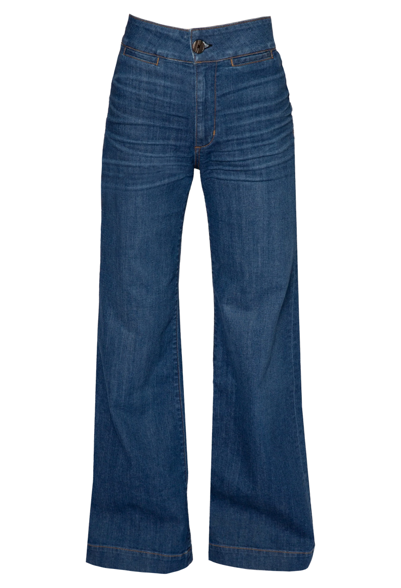 high waisted dark wash jeans. white background.