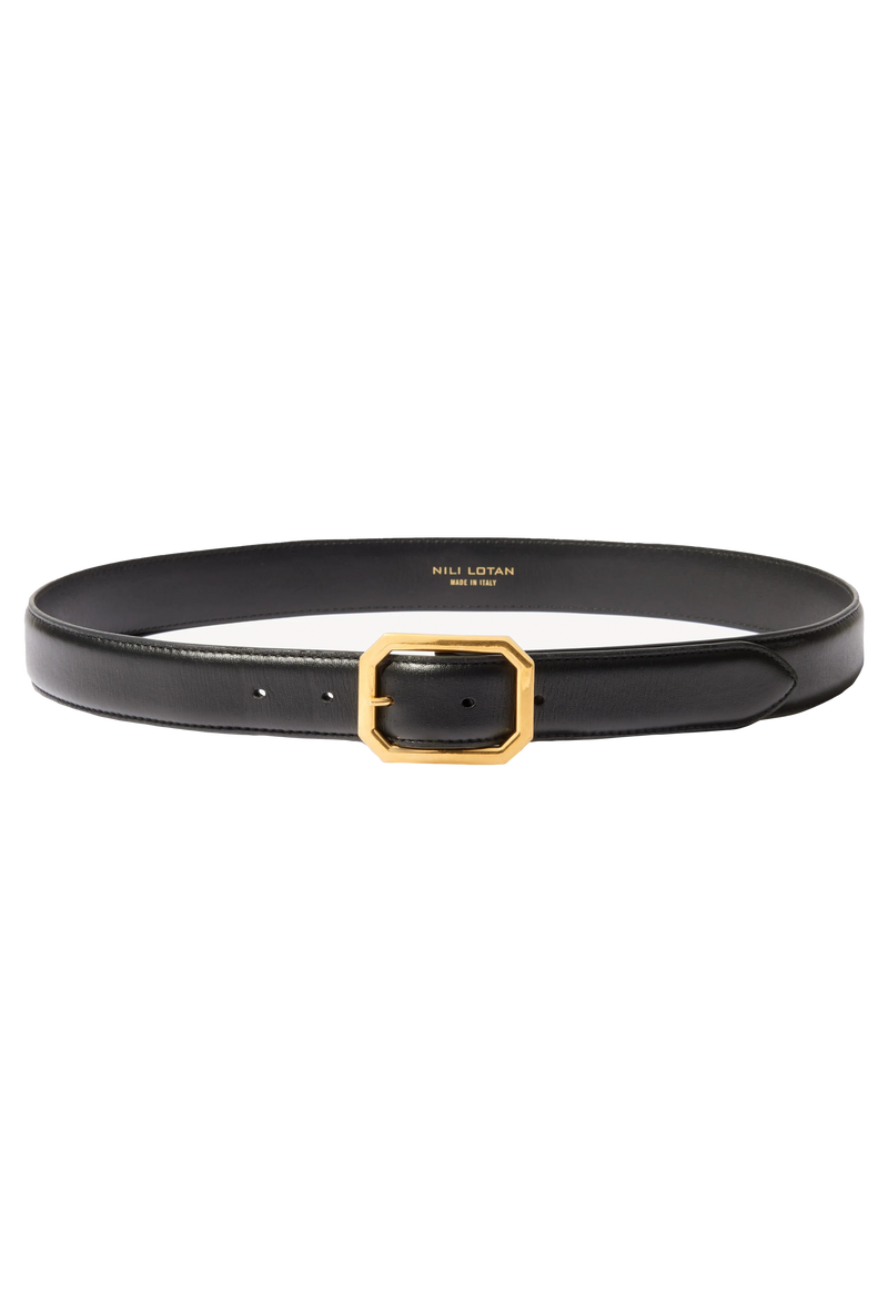a black belt with a gold octagonal buckle. transparent background.