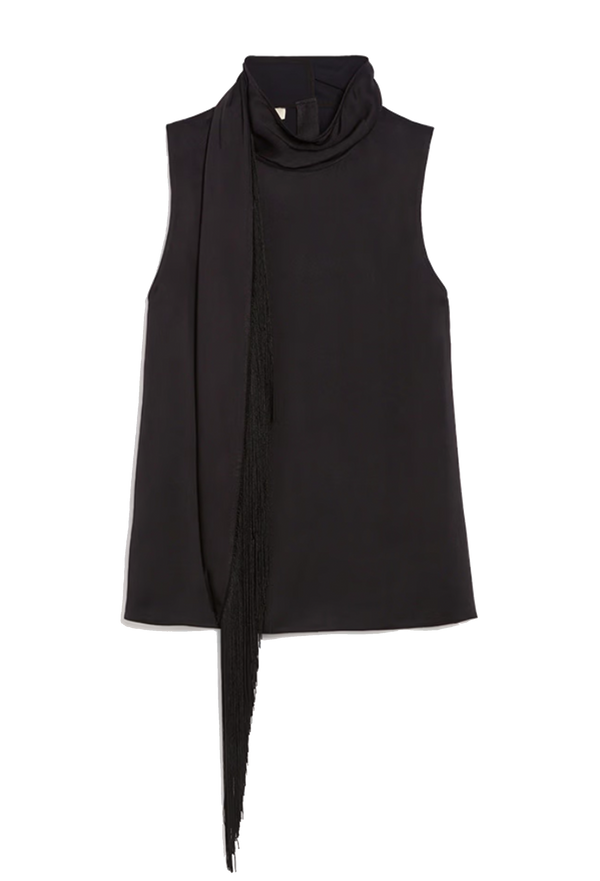 Black sleeveless crewneck top, viscose blend, with fringed scarf detail set against a black checkered background. 