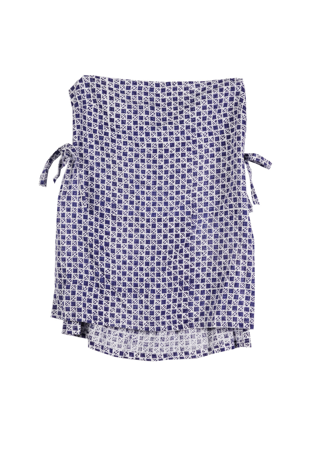 Navy and white block printed cotton-linen blend strapless tube top featuring open sides with tie detail