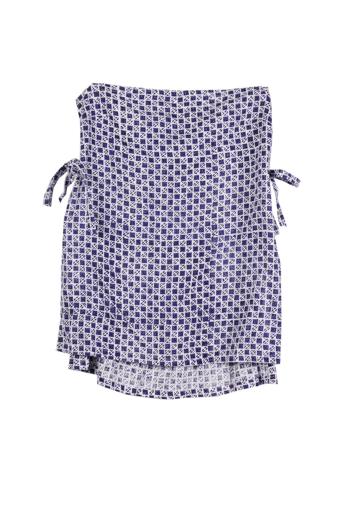 Navy and white block printed cotton-linen blend strapless tube top featuring open sides with tie detail