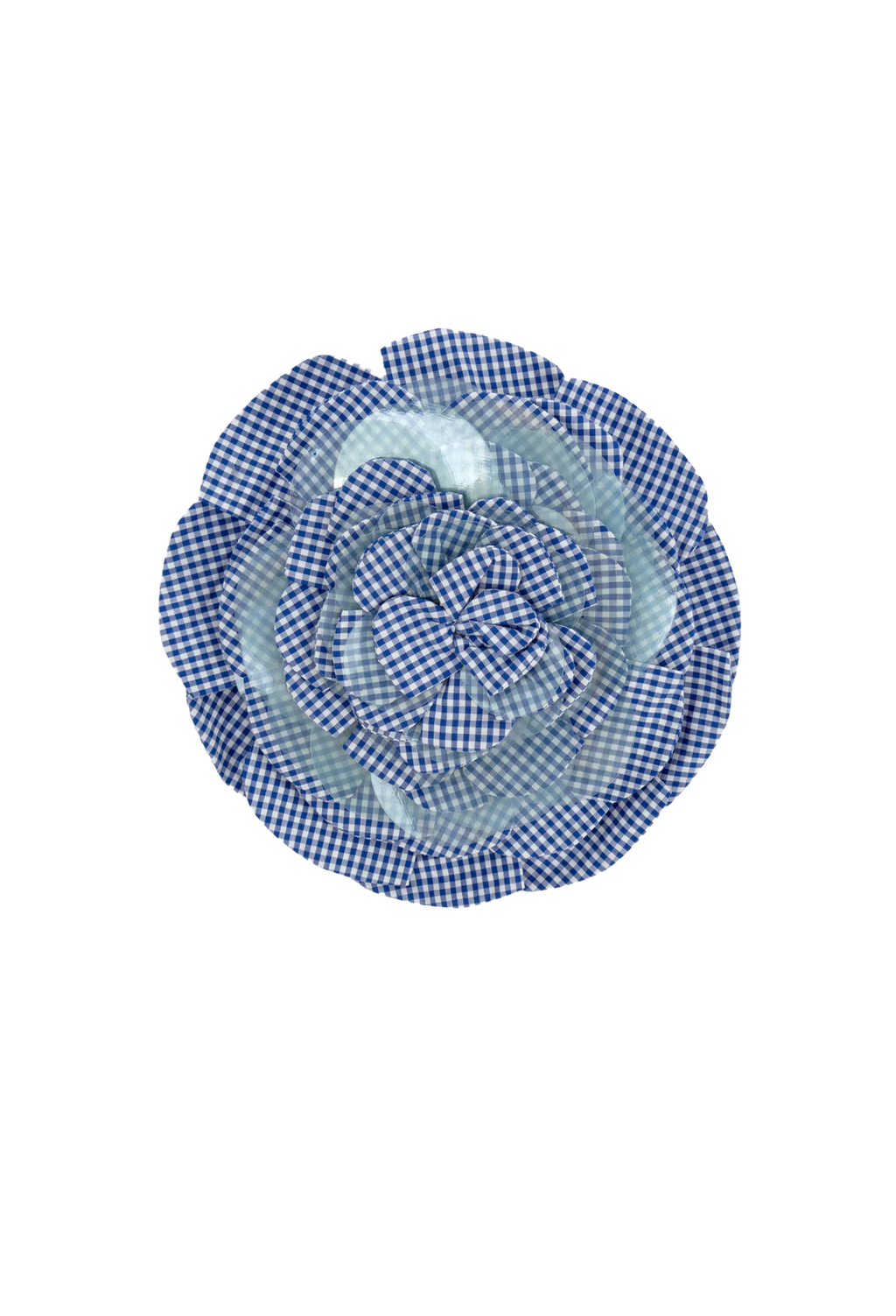 Blue and white checkered flower-shaped object on a white background