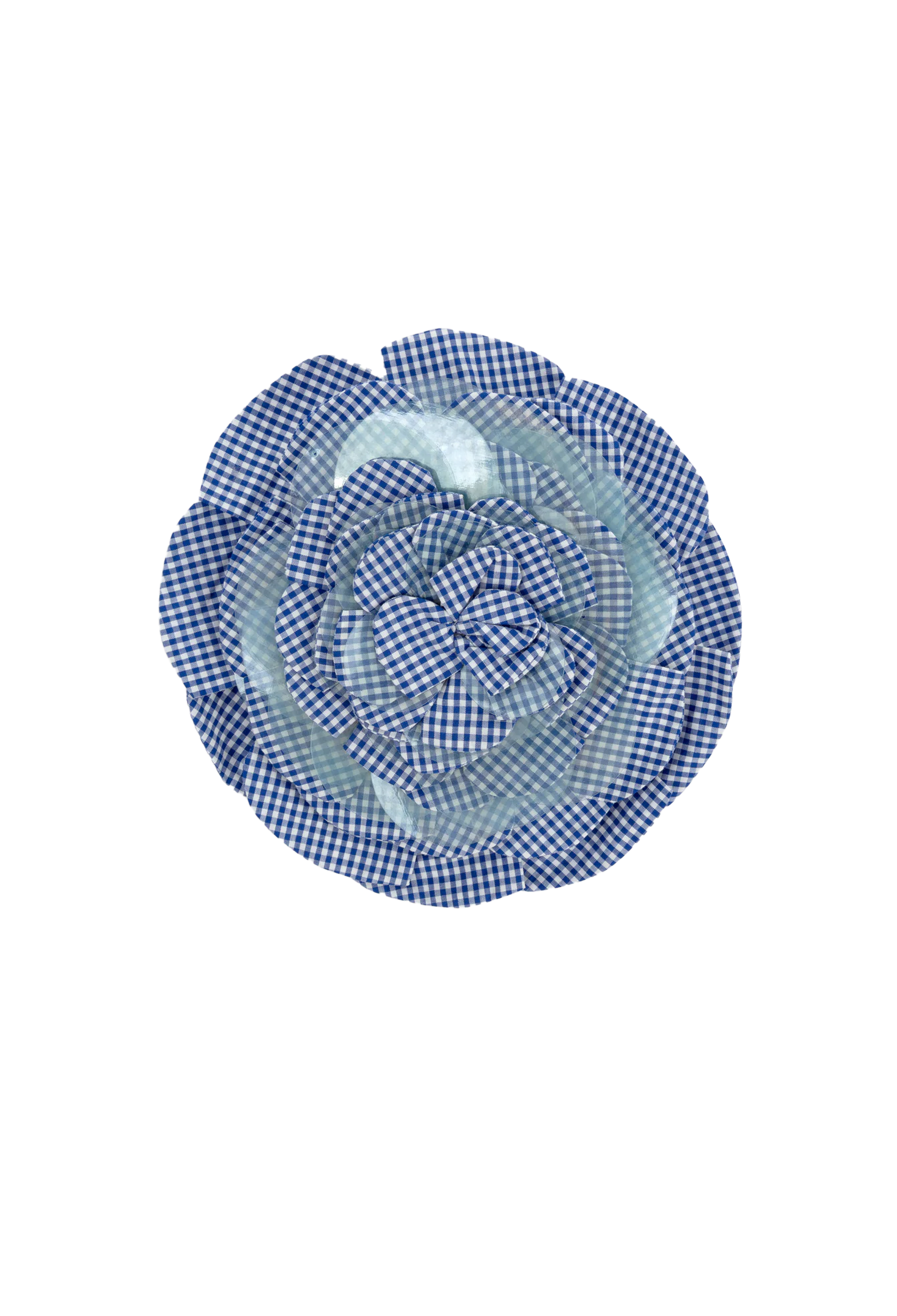 Blue and white checkered flower-shaped object on a white background
