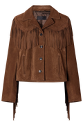 A brown suede fringe jacket with a pointed collar, snap-button front, and decorative arrow-shaped chest detailing, shown on a plain white background.