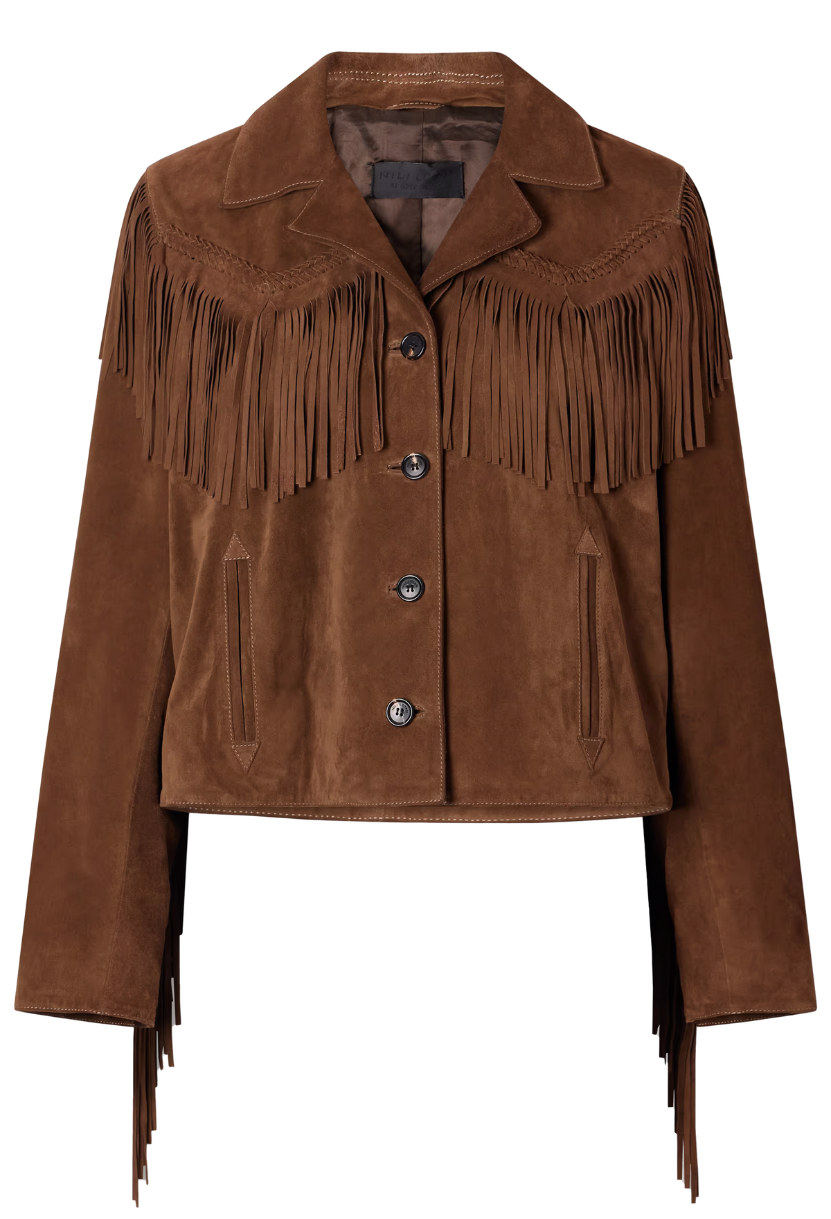 A brown suede fringe jacket with a pointed collar, snap-button front, and decorative arrow-shaped chest detailing, shown on a plain white background.