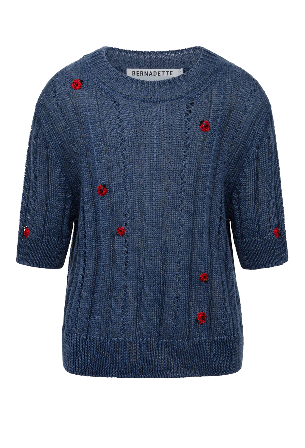 Blue knitted sweater with red buttons on a white background