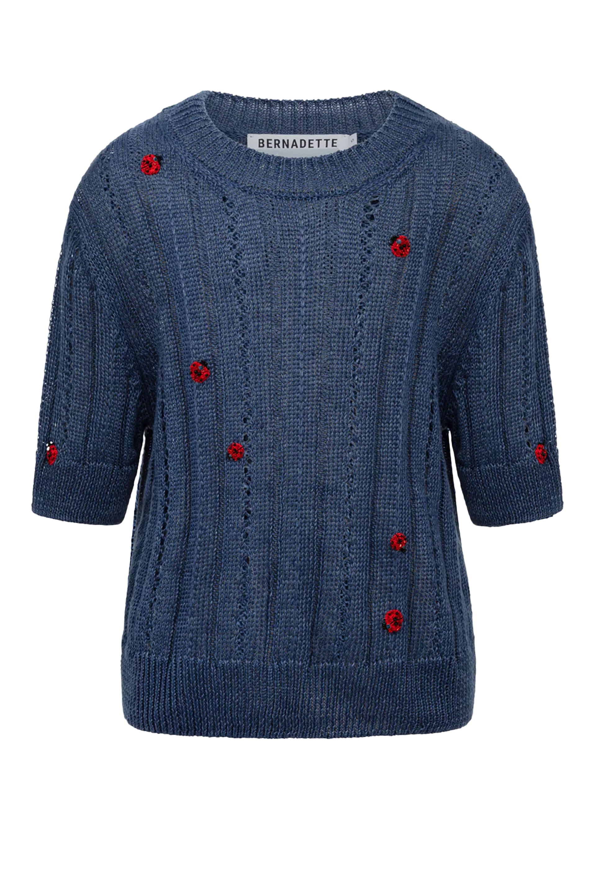 Blue knitted sweater with red buttons on a white background