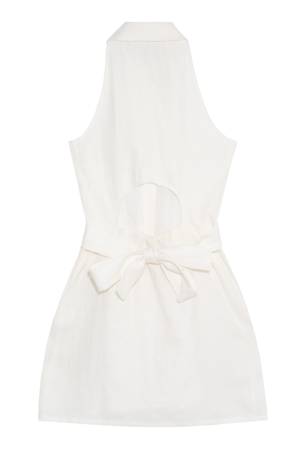 White sleeveless dress with tie-around back and cutout detail. Set against a checkered background.