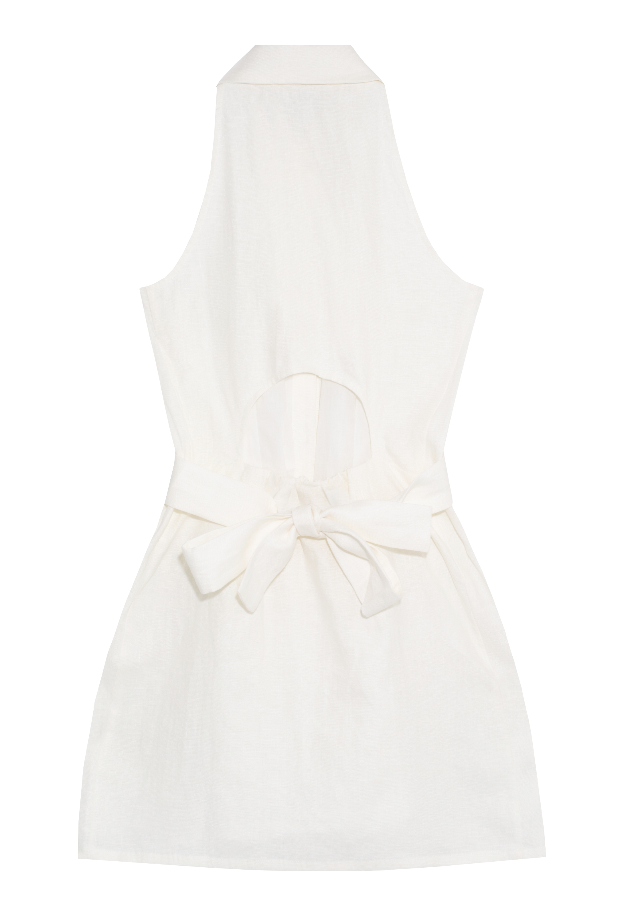 White sleeveless dress with tie-around back and cutout detail. Set against a checkered background.