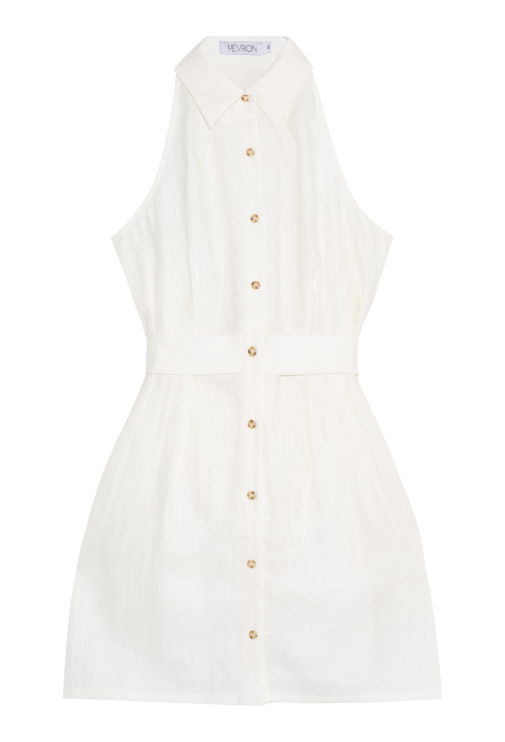 White button-front sleeveless dress with tie-around back and cutout detail. Set against a checkered background.