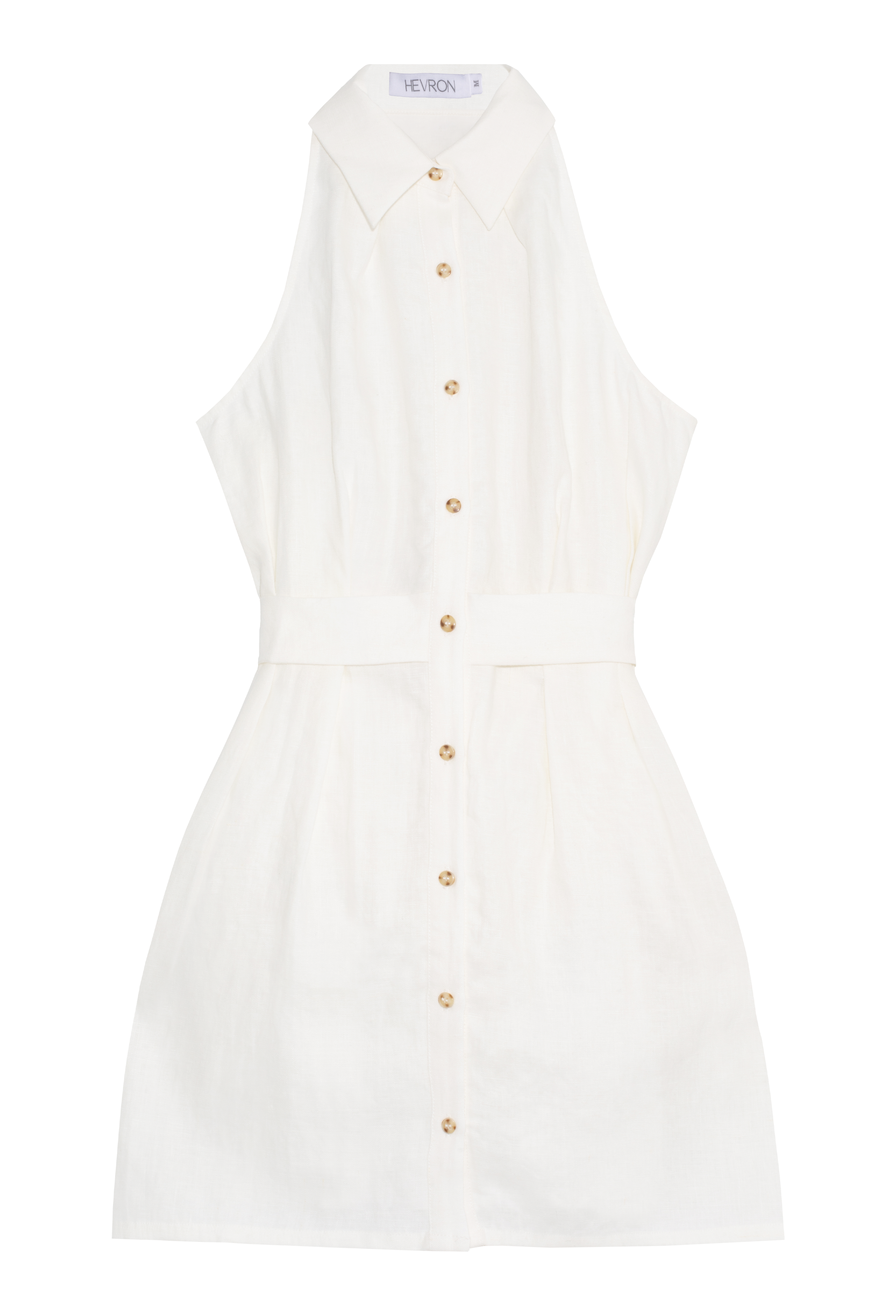 White button-front sleeveless dress with tie-around back and cutout detail. Set against a checkered background.